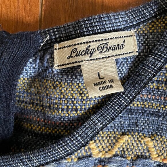 LUCKY BRAND Womens Chunky Tweed Boho Sweater Crochet Bottom Fray Blue Size L - Picture 11 of 12